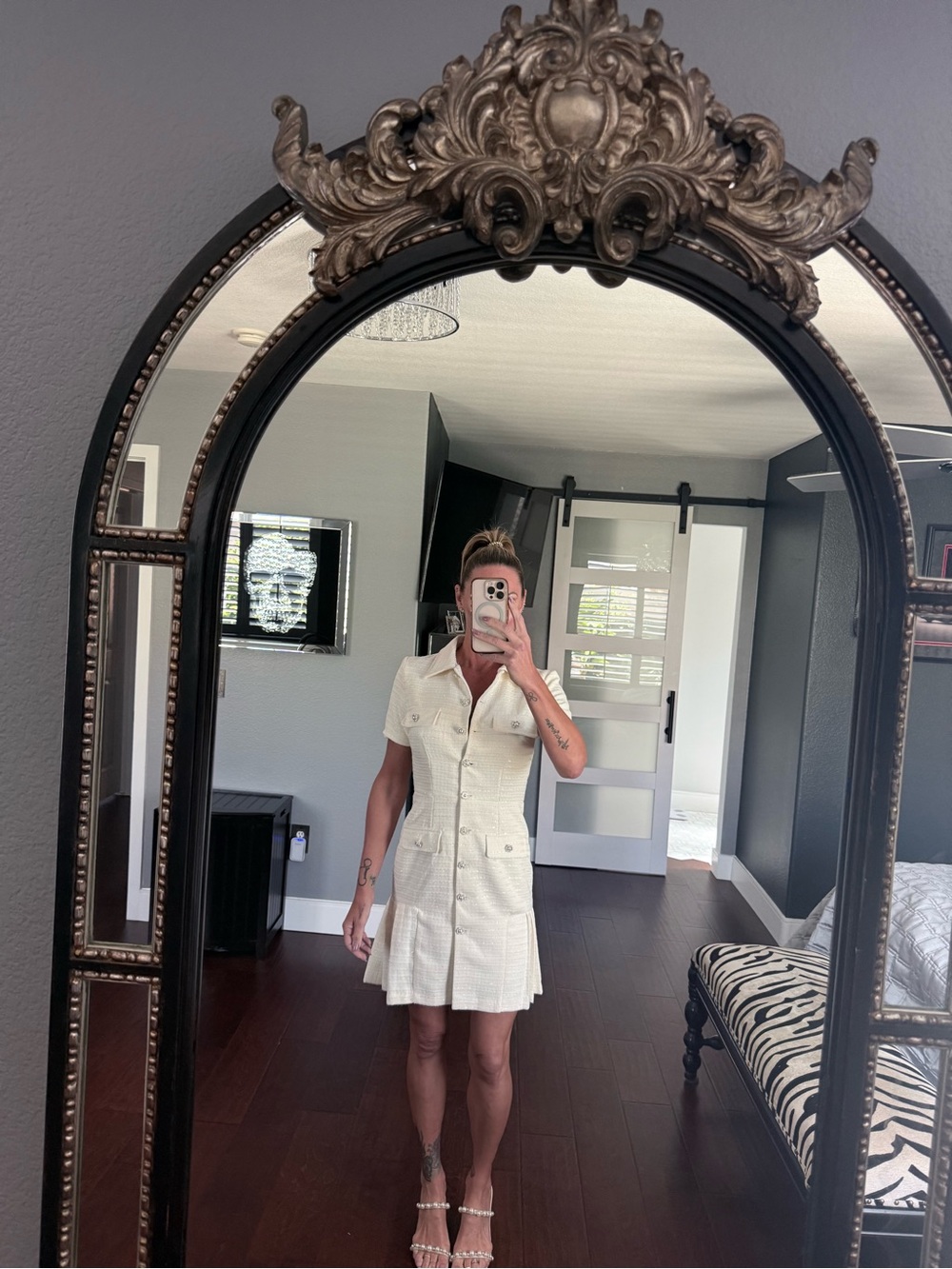 Lea & Viola Cream Short-Sleeve Button Mini Dress